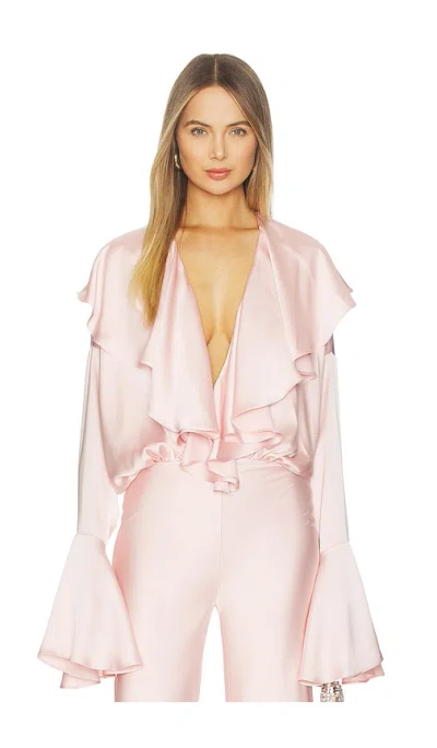 Norma Kamali Long Sleeve Deep V Ruffle Bodysuit In Pink