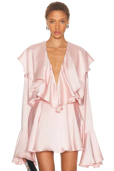 Norma Kamali Long Sleeve Deep V Ruffle Bodysuit In Pink