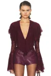 Norma Kamali Long Sleeve Deep V Ruffle Bodysuit In Purple