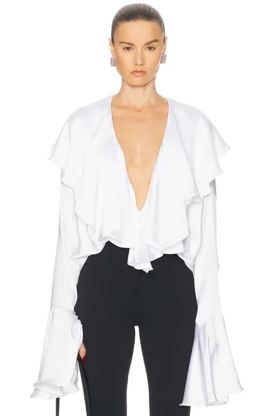 NORMA KAMALI LONG SLEEVE DEEP V RUFFLE BODYSUIT