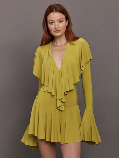 Norma Kamali Long Sleeve Deep V Ruffle Mini Dress