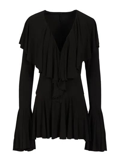 Norma Kamali Long Sleeve Deep V Ruffle Mini Dress Dresses Black