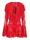Norma Kamali Long Sleeve Deep V Ruffle Mini Dress Dresses Red