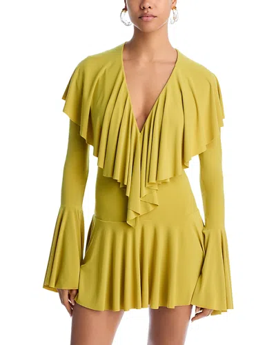 Norma Kamali Long Sleeve Deep V Ruffle Mini Dress In Asparagus