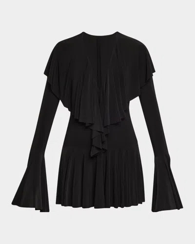 NORMA KAMALI LONG-SLEEVE DEEP V RUFFLE MINI DRESS
