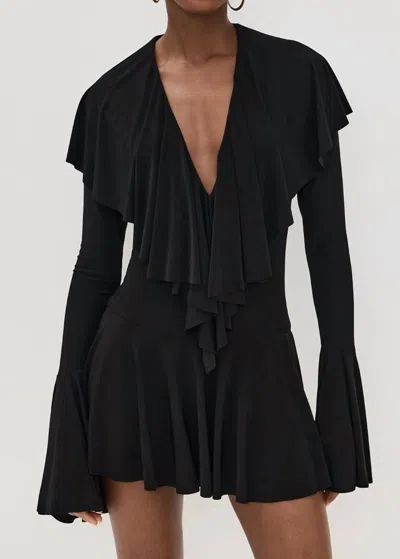 Norma Kamali Long Sleeve Deep V Ruffle Mini Dress In Black In Multi