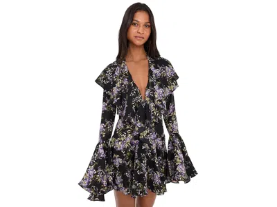 Norma Kamali Long Sleeve Deep V Ruffle Mini Dress Women's Dress Lavender Floral: Xs (women's 2) In White