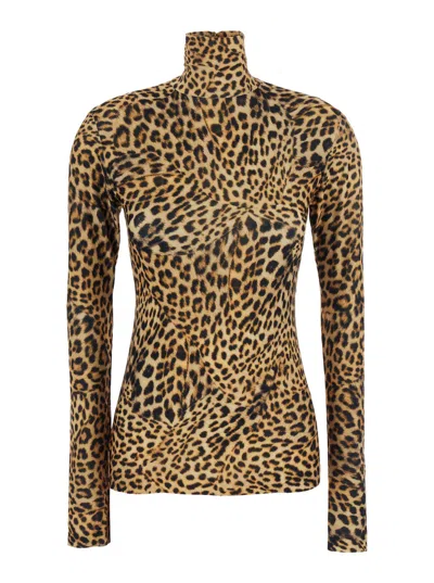 Norma Kamali Long Sleeve High-neck Slim-fit Top With Cheetah Print In Tech Fabric In Brown