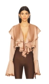 Shop Norma Kamali Long Sleeve Ruffle Bodysuit In Tan