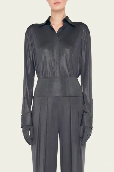 Norma Kamali Long Sleeve Shirt With Collar Stand In Charcoal