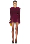 Norma Kamali Long Sleeve Shoulder Pad V Neck Flared Pickleball Dress In Purple