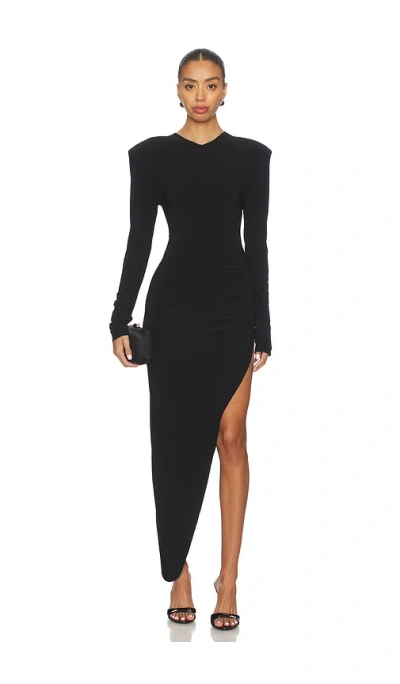 NORMA KAMALI LONG SLEEVE SHOULDER PAD V NECK SIDE DRAPE GOWN