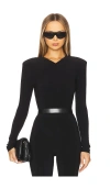 Norma Kamali Long Sleeve Shoulder Pad V Neck Top In 黑色