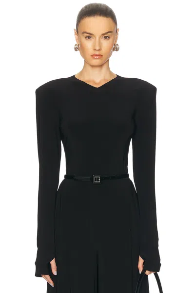 Norma Kamali Long Sleeve Shoulder Pad V Neck Top In Black