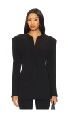 Norma Kamali Long Sleeve Shoulder Pad V Neck Zip Front Jacket In Blue