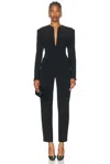Norma Kamali Long Sleeve Shoulder Pad V Neck Zip Front Tapered Leg Jumpsuit In Black
