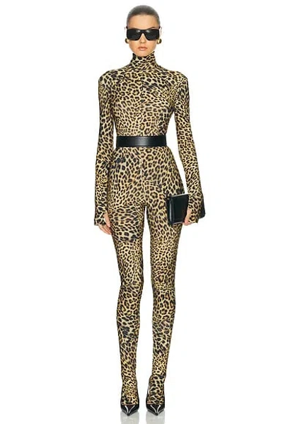 Norma Kamali Long Sleeve Slim Fit Turtle Catsuit With Footie In Cheetah Patch