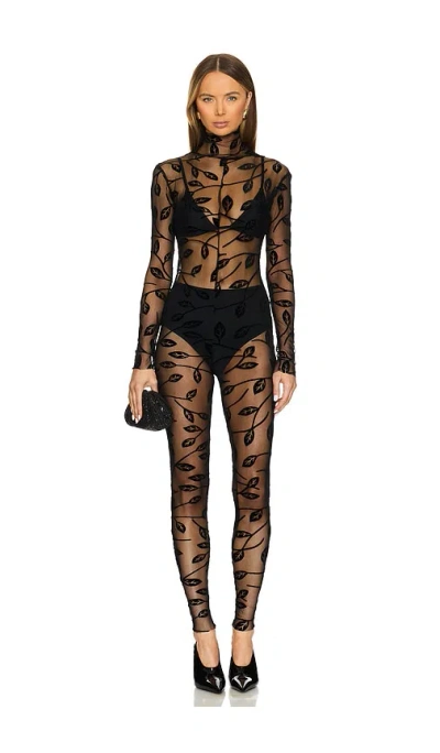 Norma Kamali Long Sleeve Slim Fit Turtleneck Catsuit In Black Leaf