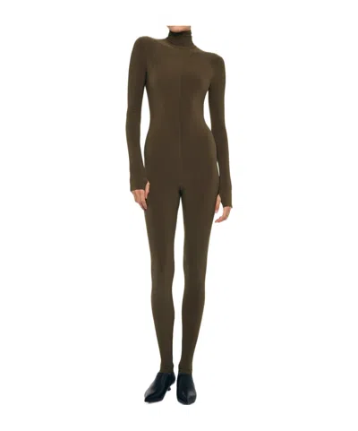 Norma Kamali Long Sleeve Turtle Catsuit W/ Footie In Brown