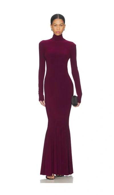 Norma Kamali Long Sleeve Turtle Fishtail Gown In Burgundy
