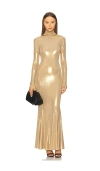 Norma Kamali Long Sleeve Turtleneck Fishtail Gown In Gold Lame