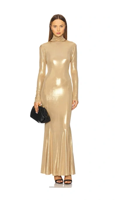 Norma Kamali Long Sleeve Turtleneck Fishtail Gown In Gold Lame