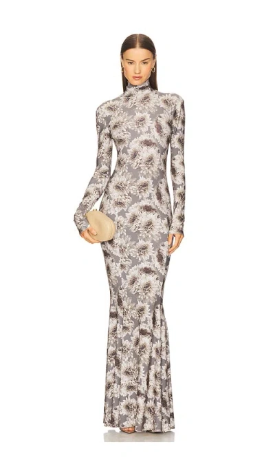 Norma Kamali Long Sleeve Turtleneck Fishtail Gown In Gray