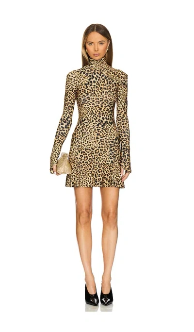 Norma Kamali Long Sleeve Turtleneck Fishtail Mini Dress In Cheetah Patch