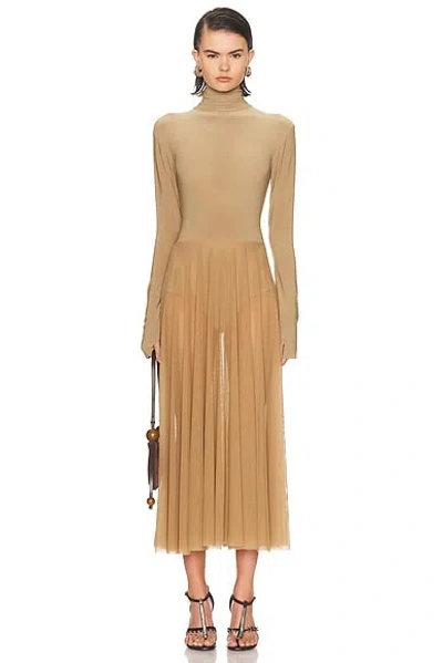 Norma Kamali Long Sleeve Turtleneck Flared Midcalf Dress In Gold