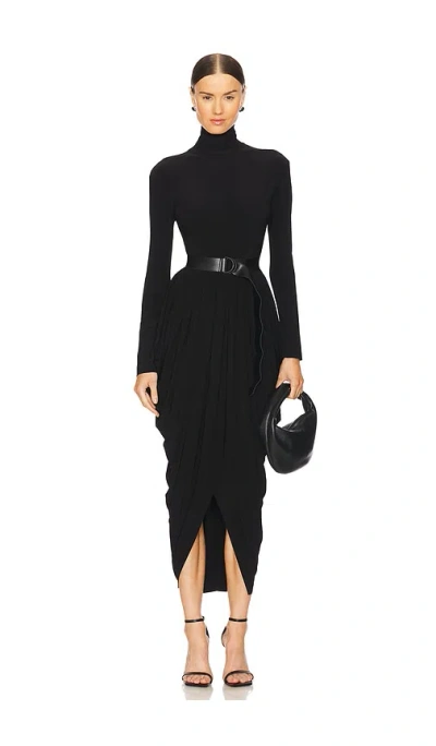 Norma Kamali Long Sleeve Turtleneck Waterfall Dress In Black