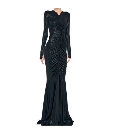 Norma Kamali Long Sleeve V Neck Shirred Fishtail Gown In Blue