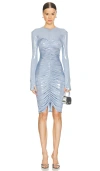 Norma Kamali Long Sleeve V Neck Shirred Front Dress To Knee In Large Houndstooth In 雾蓝色