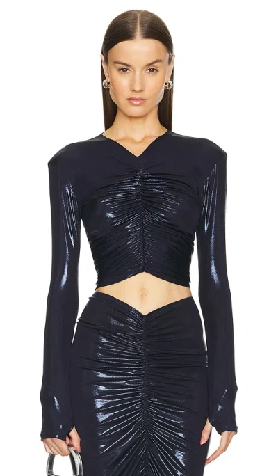 Norma Kamali Long Sleeve V Neck Shirred Front Top In 纯正海军蓝