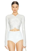 Norma Kamali Long-sleeve V-neck Shirred Front Top In Pearl In 珍珠