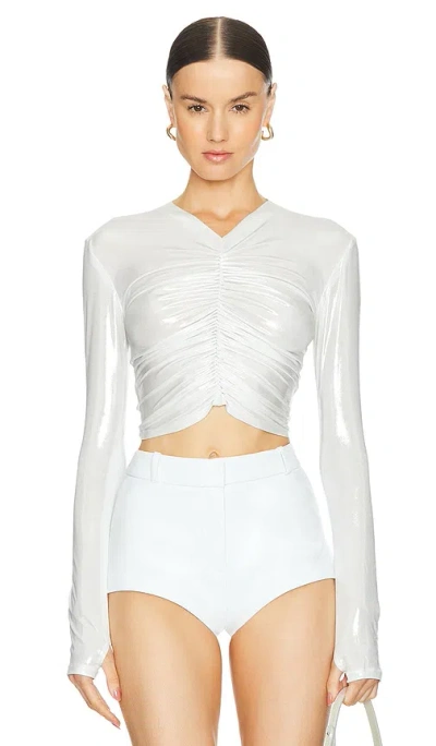 Norma Kamali Long-sleeve V-neck Shirred Front Top In Pearl In 珍珠
