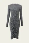 Norma Kamali Long Sleeve V Neck Shirred Front Dress To Knee In Large Houndstooth
