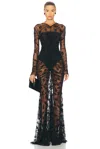 Norma Kamali Long Sleeve V Neck Shirred Front Fishtail Gown In Black Leaf