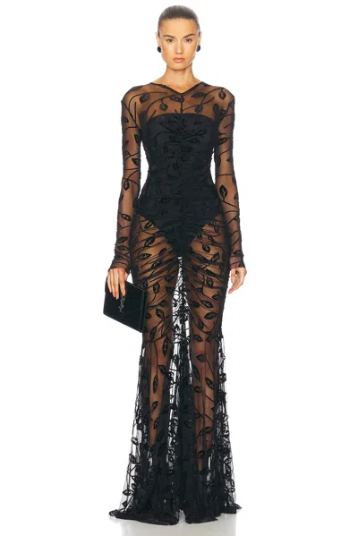 Norma Kamali Long Sleeve V Neck Shirred Front Fishtail Gown In Black Leaf