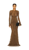Norma Kamali Long Sleeve V Neck Shirred Front Fishtail Gown In Brown