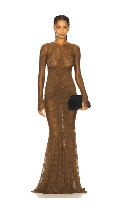 Norma Kamali Long Sleeve V Neck Shirred Front Fishtail Gown In Brown