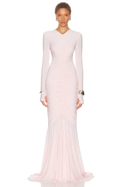 Norma Kamali Long Sleeve V Neck Shirred Front Fishtail Gown In Pink