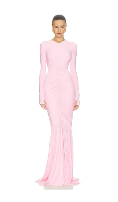 Norma Kamali Long Sleeve V Neck Shirred Front Fishtail Gown In Pink