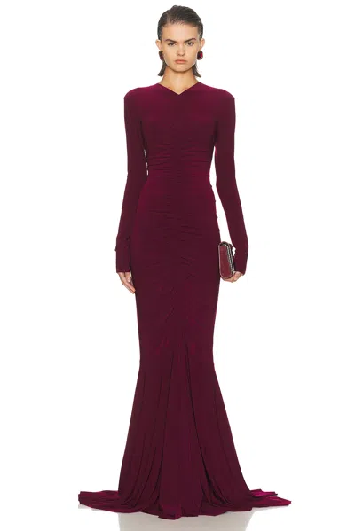 Norma Kamali Long Sleeve V Neck Shirred Front Fishtail Gown In Burgundy