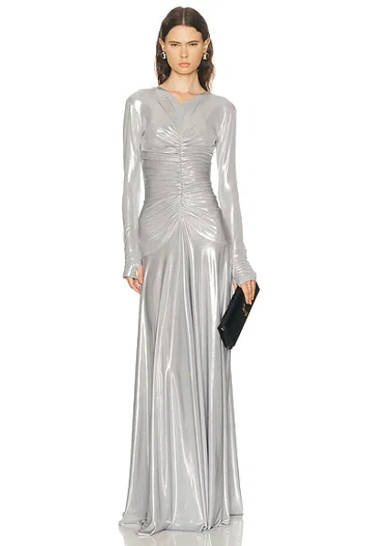 Norma Kamali Long Sleeve V Neck Shirred Front Flared Gown In Multi