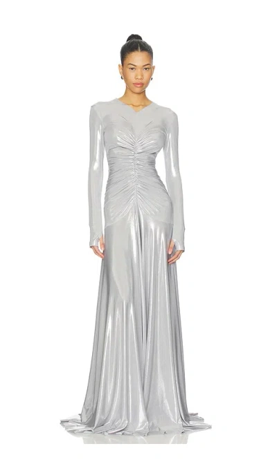 Norma Kamali Long Sleeve V Neck Shirred Front Flared Gown In White