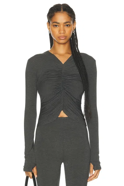 Norma Kamali Long Sleeve V Neck Shirred Front Top In Dark Grey