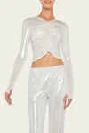 Norma Kamali Long-sleeve V-neck Shirred Front Top In Pearl