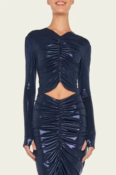 Norma Kamali Long-sleeve V-neck Shirred Front Top In True Navy In Blue