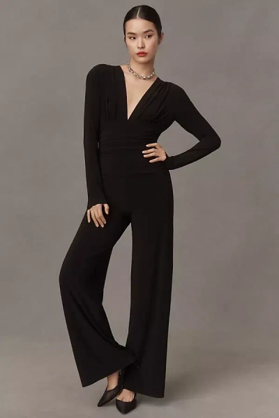 Norma Kamali Long-sleeve V-neck Shirred-waist Jumpsuit In Black