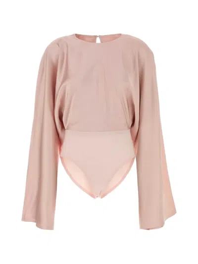 Norma Kamali Long Sleeve Bodysuit Round Neck Keyhole Back In Pink